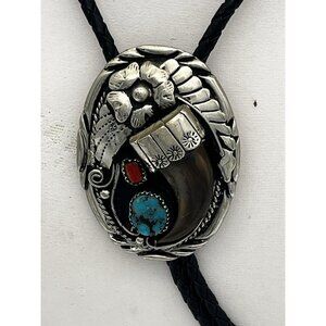Vintage Turquoise Red Coral Bear Claw Sterling Bolo Tie SSI USA Silver Southwest